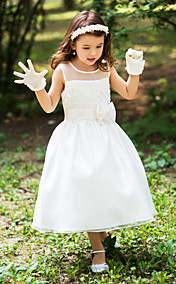 A-line Scoop Tea-length Silk Flower Girl Dress With Ribbons