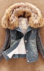 Women's Knit Sleeve Denim Coat with Faux Fur Collar