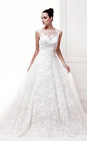 A-line Scoop Satin Chapel Train Wedding Dress