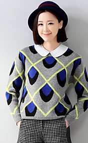 Seasoncity® Women's Korean Hit Color Plaid Loose Gray Round Neck Knit Sweater