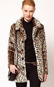 Women's Sexy Faux Fur Lapel collar leopard Long Sleeve Coat