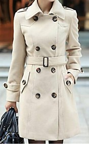 Women's Shirt Collar Shoulder Pad Wool Trench Coat with Belt 