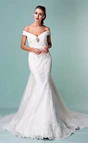 Trumpet/Mermaid Off-the-shoulder Organza Over Satin Wedding Dress