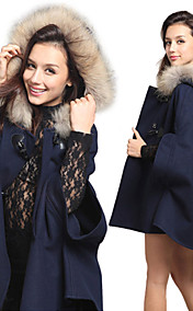 Winter Hooded Faux Fur Collar Woolen Blend Cape Coat