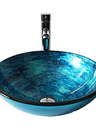 cheap -Blue Round Chrome Tempered Glass Glass Basin with Straight Tube Faucet, Basin Support and Drain