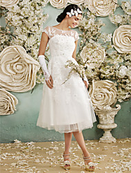 cheap -A-Line Wedding Dresses Scoop Neck Tea Length Lace Over Tulle Cap Sleeve Vintage Little White Dress Illusion Detail 1950s with Appliques 2022