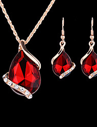 Wedding White Rhinestones Crystals Red Glass Drop Necklace Pendant Earrings Set 