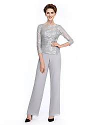 cheap -Sheath / Column Pantsuit / Jumpsuit Mother of the Bride Dress Convertible Dress Bateau Neck Ankle Length Chiffon Lace 3/4 Length Sleeve with Sequin Crystal Brooch 2022 / Illusion Sleeve