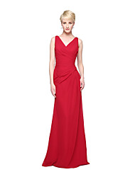 cheap -Sheath / Column Bridesmaid Dress V Neck Sleeveless Elegant Floor Length Chiffon with Pleats 2022