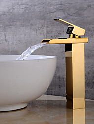 cheap -Brass Bathroom Sink Faucet,Golden Single Handle One Hole Waterfall Bath Taps with Hot and Cold Water