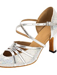 cheap -Women&#039;s Modern Shoes Ballroom Shoes Professional Sandal Heel Glitter Splicing Customized Heel Silver