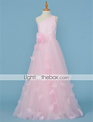 cheap -Princess Floor Length Junior Bridesmaid Dress Wedding Tulle Sleeveless One Shoulder with Pleats 2022