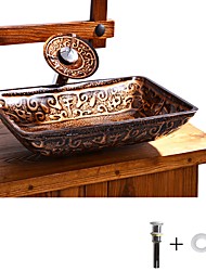 cheap -Bathroom Sink Faucet Suit Contain with Zinc Alloy Bathroom Mounting Ring Antique Tempered Glass Rectangular Vessel Sink and Brass Water Drain