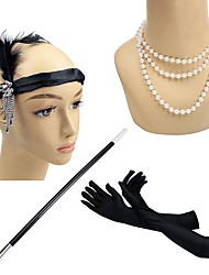 cheap -The Great Gatsby Charleston Vintage 1920s Costume Accessory Sets Necklace Flapper Headband Women&#039;s Feather Costume Head Jewelry Pearl Necklace Black Vintage Cosplay Party Prom Sleeveless / Gloves