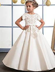 cheap -Princess Floor Length Flower Girl Dresses Wedding Lace Short Sleeve Jewel Neck with Buttons 2022 / First Communion