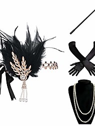 cheap -Charleston 1920s Vintage The Great Gatsby Costume Accessory Sets Flapper Headband Women&#039;s Feather Costume Necklace Black Vintage Cosplay Festival / Gloves