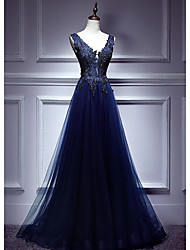 cheap -A-Line Beautiful Back Elegant Formal Evening Dress Plunging Neck Sleeveless Floor Length Tulle with Appliques 2022