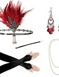 cheap -Charleston 1920s Vintage The Great Gatsby Flapper Headband Women&#039;s Feather Costume Necklace Earrings Set Red / black / Golden / Red Vintage Cosplay Festival / Gloves