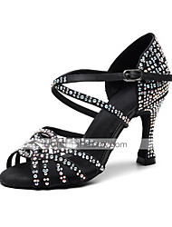 cheap -Women&#039;s Latin Shoes Salsa Shoes Party Performance Practice Heel Crystal / Rhinestone Crystals Flared Heel Black Buckle Ankle Strap Glitter Crystal Sequined Jeweled / Satin