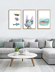 cheap -3 Panel Nursery Wall Art Canvas Prints Painting Artwork Picture Animal Cat Fish Cartoon Home Decoration Décor Stretched Frame Ready to Hang