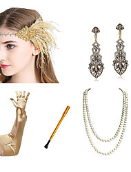 cheap -Charleston 1920s Vintage The Great Gatsby Costume Accessory Sets Gloves Flapper Headband Women&#039;s Feather Costume Necklace Earrings Golden / Golden+Black / Red+Golden Vintage Cosplay Festival