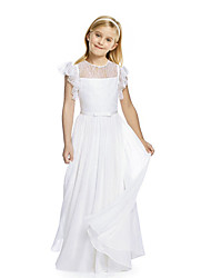 cheap -Sheath / Column Long Length Flower Girl Dresses Party Chiffon Short Sleeve Jewel Neck with Lace 2022 / First Communion