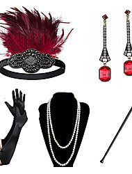 cheap -Charleston 1920s Vintage The Great Gatsby Costume Accessory Sets Gloves Flapper Headband Women&#039;s Feather Costume Necklace Earrings Red+Golden / Red / Blue+Red Vintage Cosplay Festival