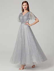 cheap -A-Line Elegant &amp; Luxurious Sparkle &amp; Shine Prom Formal Evening Dress V Neck V Back Half Sleeve Floor Length Lace with 2022