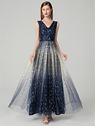 cheap -A-Line Elegant Sparkle &amp; Shine Prom Formal Evening Dress V Neck V Back Sleeveless Floor Length Lace with 2022