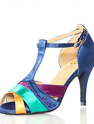 cheap -Women&#039;s Latin Shoes Dance Shoes Performance Simple Splicing Slim High Heel Blue T-Strap Satin