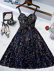 cheap -A-Line Sparkle &amp; Shine Holiday Cocktail Party Dress Spaghetti Strap Sleeveless Knee Length Sequined with Sequin 2022