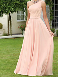 cheap -A-Line Bridesmaid Dress One Shoulder Sleeveless Elegant Floor Length Chiffon with Pleats 2022