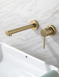 cheap -Brass Bathroom Sink Faucet Widespread Brushed Gold Wall Mounted Single Handle Two Holes Bath Taps with Cold and Hot Switch