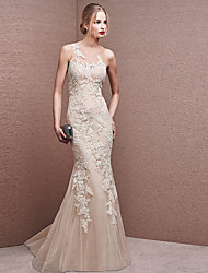 cheap -Mermaid / Trumpet Beautiful Back White Engagement Formal Evening Dress Illusion Neck Sleeveless Floor Length Lace with Appliques 2022