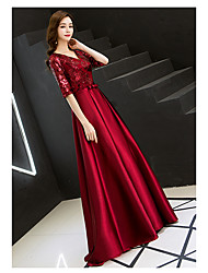 cheap -A-Line Elegant Prom Formal Evening Dress V Neck V Back 3/4 Length Sleeve Floor Length Satin with 2022