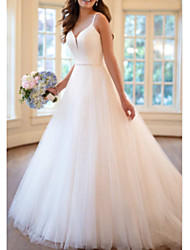 cheap -A-Line Wedding Dresses V Neck Sweep / Brush Train Tulle Charmeuse Spaghetti Strap with Draping Appliques 2022