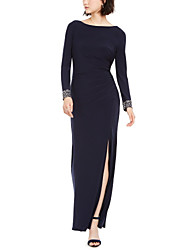 cheap -Sheath / Column Elegant Formal Evening Dress Boat Neck Cowl Back Long Sleeve Ankle Length Spandex with Ruched Crystals Split Front 2022