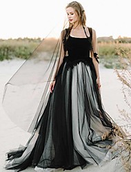 cheap -A-Line Wedding Dresses Scoop Neck Court Train Lace Tulle Regular Straps Black Modern with Appliques 2022