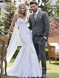 cheap -Mermaid / Trumpet Wedding Dresses V Neck Court Train Lace Tulle Lace Over Satin Spaghetti Strap Beautiful Back with Appliques 2022