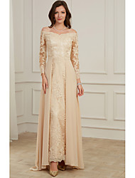 cheap -A-Line Elegant Spring Wedding Guest Formal Evening Dress Off Shoulder Long Sleeve Floor Length Lace with Overskirt Appliques 2022