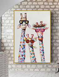 cheap -Nursery Oil Painting Handmade Hand Painted Wall Art Colorful Cartoon Giraffe Animal Home Decoration Décor Stretched Frame Ready to Hang