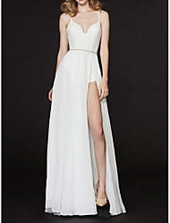 cheap -A-Line White Sexy Prom Formal Evening Dress Spaghetti Strap Sleeveless Floor Length Chiffon with Beading Slit 2022