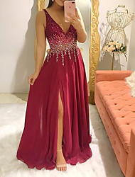 cheap -A-Line Glittering Engagement Formal Evening Dress V Neck Sleeveless Floor Length Chiffon with Sequin Slit 2022