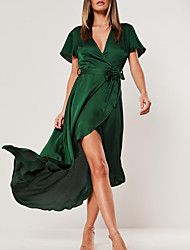 cheap -A-Line Reformation Amante Flirty Holiday Prom Dress V Neck Short Sleeve Asymmetrical Polyester with Sash / Ribbon Slit 2022