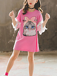 cheap -Kids Girls&#039; Children&#039;s Day T shirt Tee 3/4 Length Sleeve White Pink Cat Animal Sequins Embroidered Cotton Active