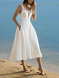cheap -A-Line Wedding Dresses V Neck Tea Length Lace Sleeveless Formal Little White Dress with Appliques 2022
