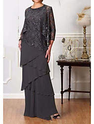 cheap -A-Line Mother of the Bride Dress Elegant Jewel Neck Floor Length Chiffon 3/4 Length Sleeve with Cascading Ruffles 2022