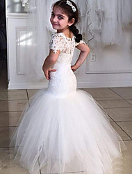 cheap -Mermaid / Trumpet Sweep / Brush Train Flower Girl Dresses Wedding Tulle Short Sleeve Jewel Neck with Appliques 2022