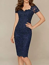 cheap -Sheath / Column Mother of the Bride Dress Elegant Sexy Scalloped Neckline Knee Length Lace Short Sleeve with Beading Sequin 2022