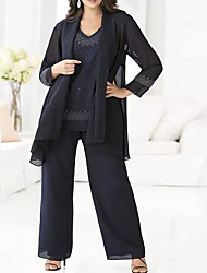 cheap -Pantsuit / Jumpsuit Mother of the Bride Dress Elegant V Neck Floor Length Chiffon Long Sleeve with Pattern / Print 2022